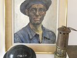 a painting of a man wearing a hat next to a lamp