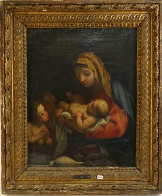 une image représentant un tableau où l'on voit une femme tenant un bébé et un ours en peluche