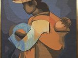 tableau représentant un homme coiffé d'un chapeau de paille tenant un bébé dans ses bras