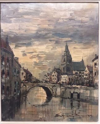 une peinture à l'huile représentant un pont sur une rivière avec des bâtiments à l'arrière-plan