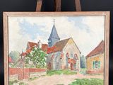 an oil painting of a church on an easel with a black background