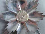 a silver flower shaped brooch with a coin on it
