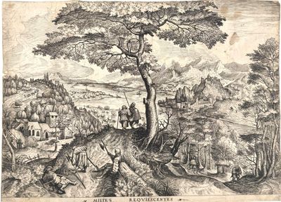 an engraving of a landscape with a tree and a man on horseback