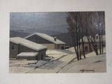 a picture of a painting of a snow covered village