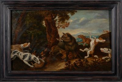 painting of a group of dogs chasing a cat in a wooded landscape