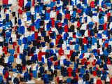an abstract painting of blue, red, and white shapes on a brown background