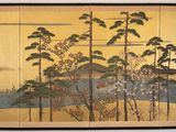 une image représentant un tableau représentant un paysage avec des arbres et une montagne en arrière-plan