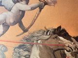 a picture of a painting of a winged horse being pulled by a winged horse