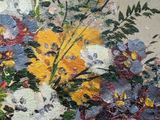 a painting of a basket of flowers on a table