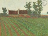 une peinture à l'huile d'un champ avec une maison au loin