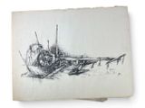an old drawing of a boat sitting on top of a sandy beach