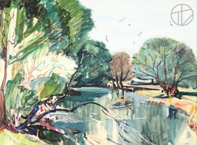une aquarelle représentant un bateau sur une rivière