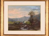 une image représentant un tableau montrant du bétail dans un paysage montagneux