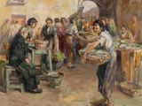 une peinture à l'huile représentant une femme portant un panier de provisions devant un groupe de personnes