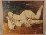 une peinture à l'huile représentant une femme nue allongée sur le ventre