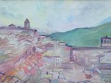 peinture d'une vue d'un village avec une église au loin