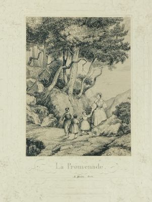 un vieux dessin en noir et blanc représentant un groupe de personnes assises sous un arbre
