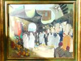 une peinture à l'huile représentant une foule de personnes se promenant dans un marché