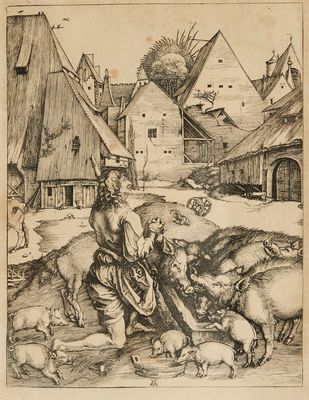 drawing of a woman sitting in front of a village with sheep