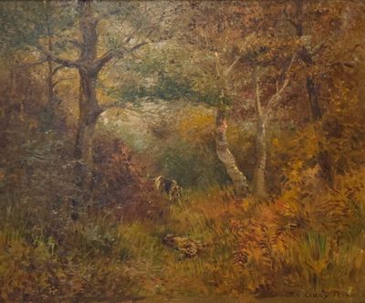 painting of a deer in a wooded area with trees and grass