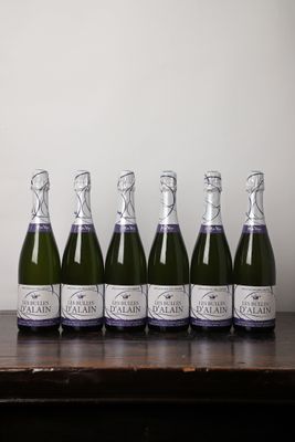 six bouteilles de vin mousseux alignées sur une table en bois