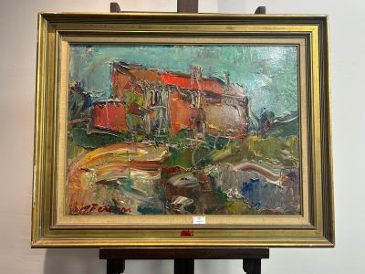 un tableau représentant une maison rouge, exposé dans un musée