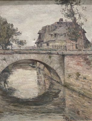 peinture d'un pont sur une rivière avec un bâtiment en arrière-plan