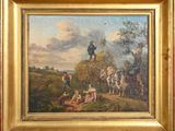 une image représentant un tableau où l'on voit un homme à cheval entouré d'un groupe de personnes