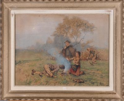 une image représentant un tableau où l'on voit un homme et deux enfants dans un champ