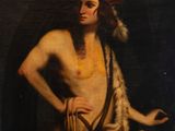 a painting of a man with a dog and a skull