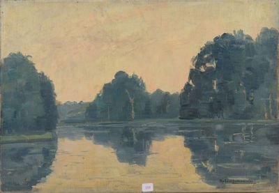 une image représentant un tableau d'un lac avec des arbres en arrière-plan