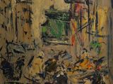 an image of a painting of a city street with a traffic light