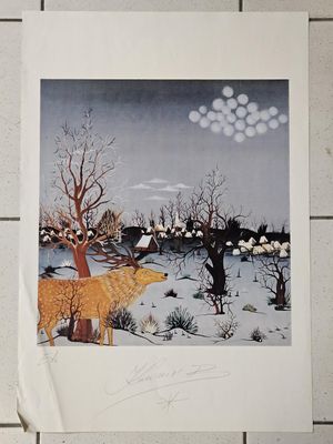 une photo d'un tableau représentant un chien dans la neige