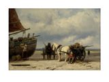 un tableau représentant un cheval tirant une charrette sur la plage