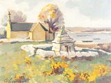 une image représentant une peinture d'une maison et d'un arbre dans un champ