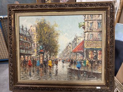 une peinture représentant une rue de la ville avec des gens qui marchent sous la pluie