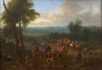 tableau représentant un grand groupe de personnes à cheval dans une zone boisée
