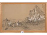 dessin représentant un paysage de montagne avec un cheval conduit par un homme