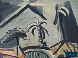 a painting of a palm tree on a table