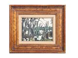 peinture à l'huile d'une scène de forêt avec des arbres au premier plan