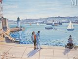 un tableau représentant un couple marchant au bord de l'eau