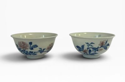 une paire de bols bleus et blancs ornés de fleurs sur fond blanc