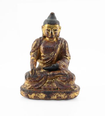 TIBET - Bouddha en bois doré et sculpté en position du lotus…