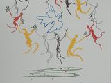 drawing of a group of people running around a circle of animals