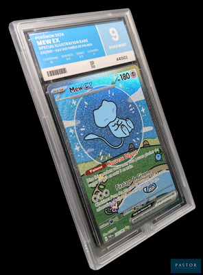 une carte à collectionner Pokémon dans un étui en plastique sur fond noir