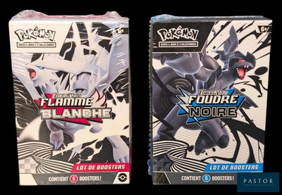 two boxes of pokemon trading cards are shown on a black background