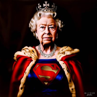 une femme d'un certain âge vêtue d'un costume de Superman et portant une couronne sur la tête