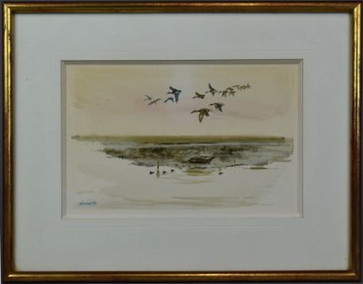 a picture of a watercolor painting of birds flying over the water