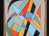 abstract painting on easel with black background and blue background