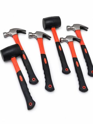 five hammers with black handles and orange handles on a white background